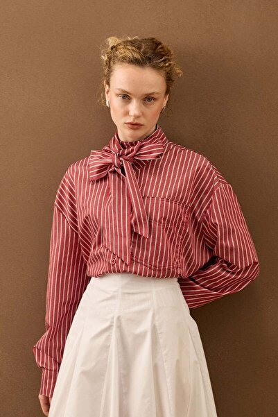 Ceylan Otantik Burgundy Striped Scarf Shirt