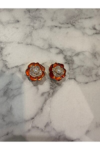 nurjewelry Gold Renk Turuncu Mine Çiçek Broş – İnci ve Zirkon Taş Detaylı