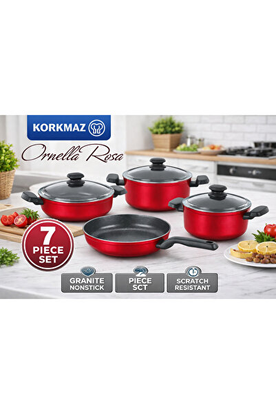 korkmaz züccaciye Korkmaz Ornella Rosa 7 Piece Granite Cookware Set – Nonstic...
