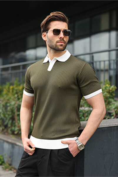 Madmext Ανδρικό πλεκτό μπλουζάκι χακί με λαιμόκοψη πόλο E7471