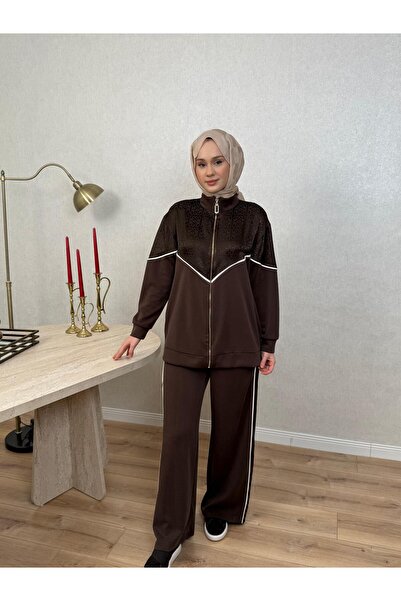 Nuss 1095 Jakar Detaylı Bambu Pantolonlu Takım Kahverengi