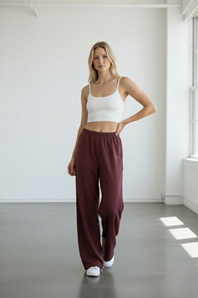 MODAGEN Women's Burgundy Wide Leg Oversized Sweatpants