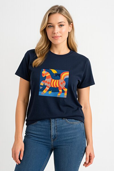 Atelier Masal Solaris Women's T-Shirt Navy Blue Abstract Horse Printed Short ...