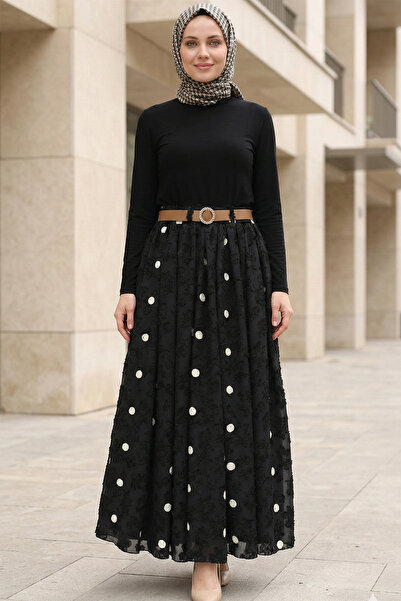 Kirazgym Belt Point Embossed Patterned Lined Skirt - Black