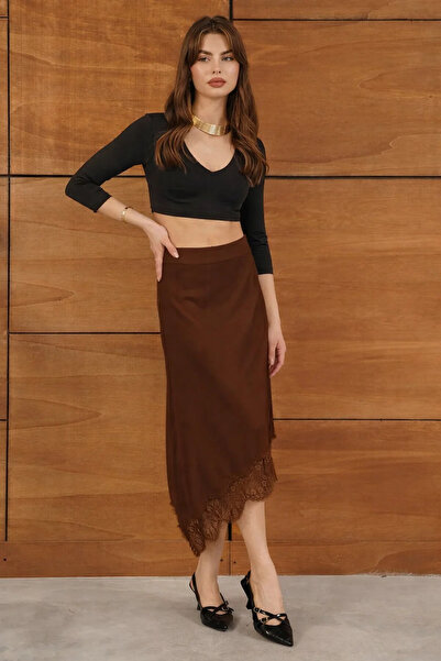 cemo Kadın Asimetrik Kesim Dantel Detaylı Midi Etek