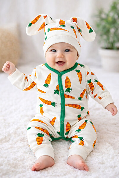 Nexvora 100% Cotton Carrot Patterned Rabbit Ear Jumpsuit