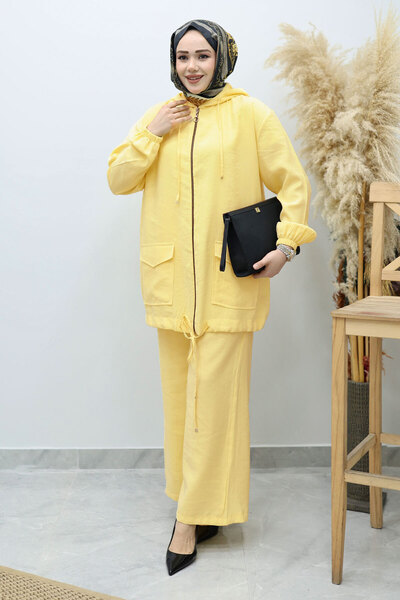 Tesettür Dünyası Hooded Zippered Double Set Tsd260132 Yellow