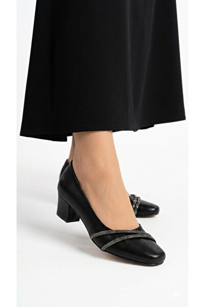KAOF SHOES Kadın Siyah Kısa Kalın Topuklu Ayakkabı Klasik Ayakkabı Topuklu An...