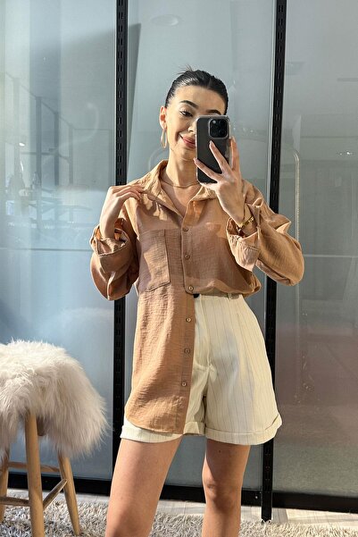 Tmptekstil كتان قميص بتفاصيل جيوب من القماش - لون جملي