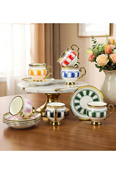 Trendmiya 6-Piece Striped Gold Detailed Porcelain Cup Set