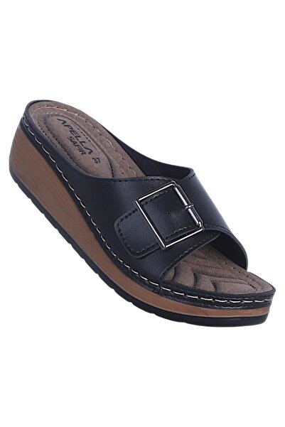 Apella 475-5 Sapphire Single Buckle Black Women's Flat Slipper