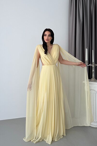 Serica Moda Yellow Sheer Detailed Cape Sleeve Evening Dress