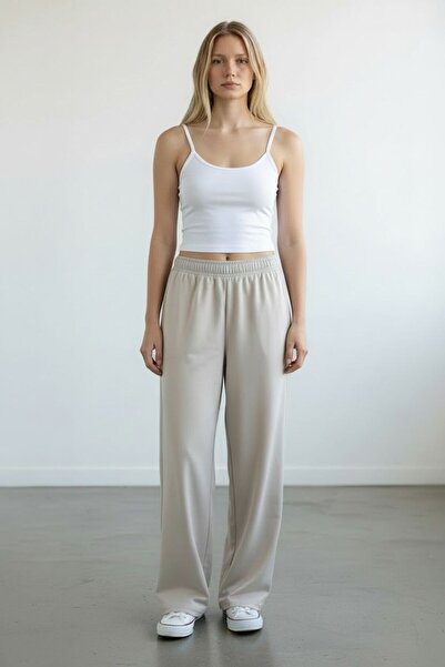 MODAGEN Women's Beige Wide Leg Oversized Sweatpants