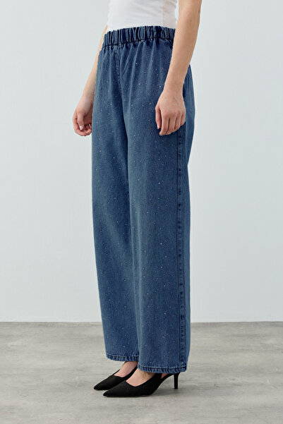 Merwishop Merwish Stoned Palazzo Denim Trousers 1693 Navy Blue