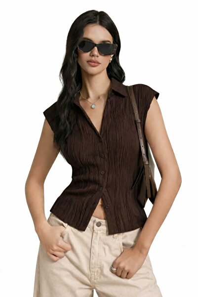 CASUALSTYLE Kadın Gömlek Yaka Düğmeli Dalga Jakar Slim Fit Kolsuz Bluz