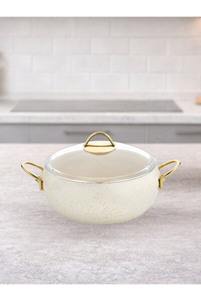 LAVONNI Caldora 28 cm Deep Granite Casserole Pot Non-Stick with Cream Gold Ha...