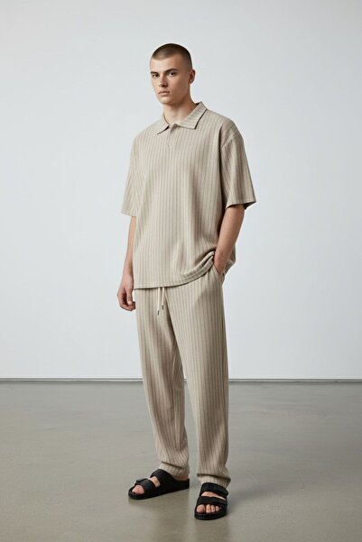 Altamira Ανδρικό Σετ Μπεζ με Πατλέτες Ριγέ Κρεπ oversized