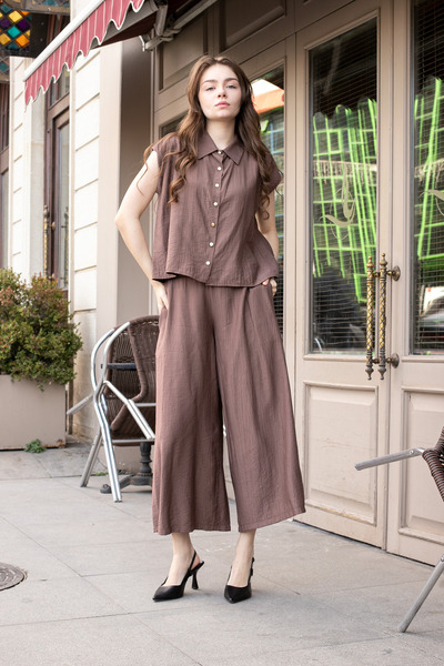 Jument Ženska košulja sa kragnom i Spuštena ramena dugmetom, ležerna - braon