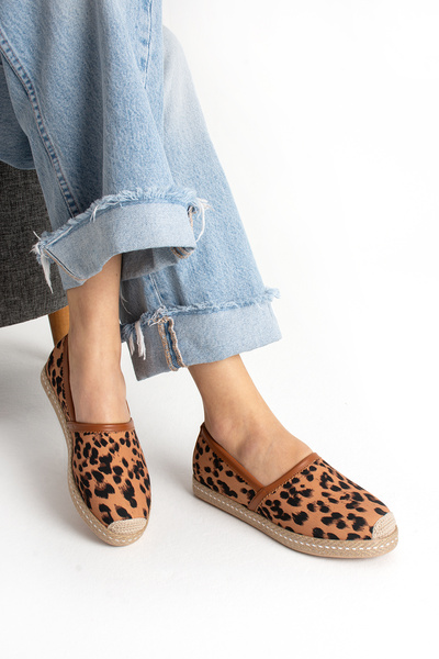 HVZ Exclusive Taba Leopar Kadın Hasır Taban Espadril Rahat ve Ergonomik Ayakkabı