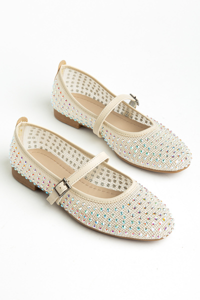 senzora Ten Cilt Kadın Taş Detaylı Fileli Günlük Babet