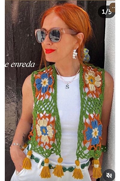 MEGA Megahan boutıque yesıl bohem el örgü vıntage crop yelek