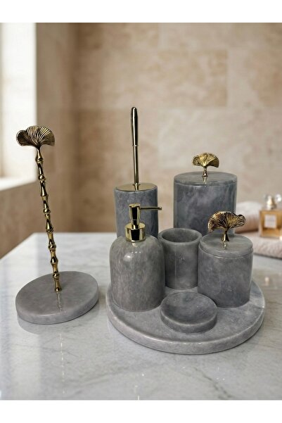 BRONX MARBLE Gri Mermer Oval Banyo Seti, 8 Parça , Mantar Gold Aksesuar Detay...