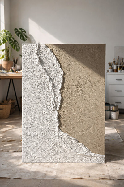 AURARTSTUDİO Bej Dokulu Rölyef Tablo – Minimal Dokulu El Yapımı Dekoratif Kanvas