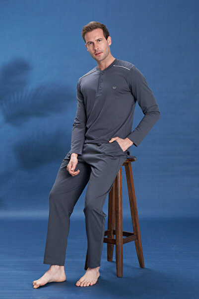 REMSA Ανδρικό σετ πιτζάμες με μακρυμάνικο σχέδιο με λεπτομέρεια σε μορφή μισο...