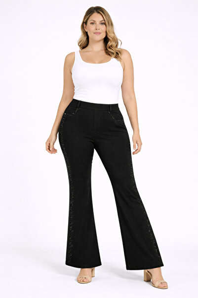Şans Women's Plus Size Black, High Waist, Stone Detail, Ornamental Pocket Fla...