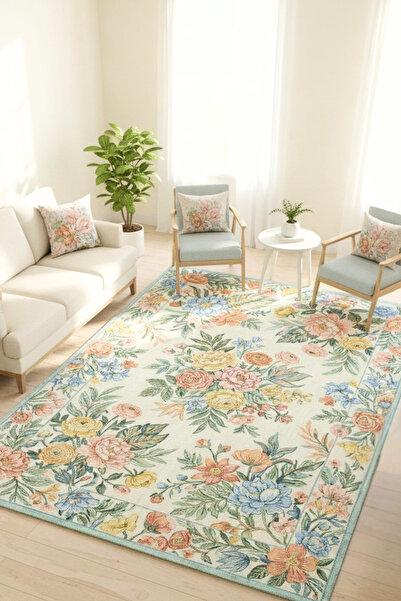 The Reef Design Çok renkli Floral Halı Dijital Baskılı Yıkanabilir Kaymaz Tab...