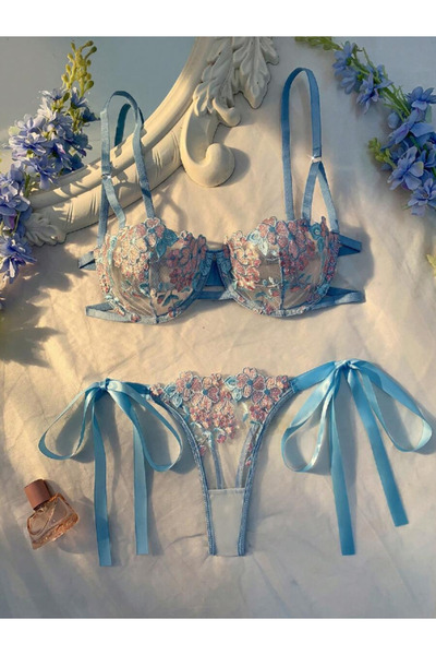 FridayIn طقم حمالة صدر من دانتيل مطرّز منقوش زهرية