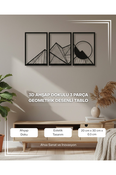 3D Ahşap Dokulu 3 Parça Geometrik Desenli Tablo