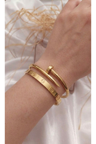 stainless steell Gold Color 2-Piece Cardier Nail Bracelet Set