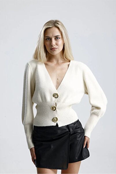 İKLİM LİFE Ζακέτα Ανγκόρα με μεταλλικά κουμπιά και λαιμόκοψη V