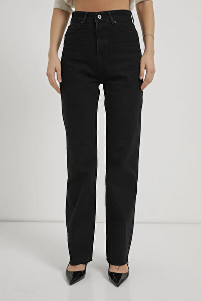 OIL PARK Women's Blue High Waist 100% Cotton Raw Hem Straight Fit Jeans / Str...