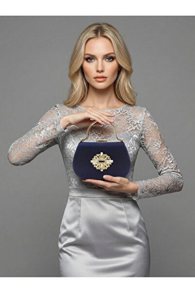 Biçanta Navy Blue Color Glittery Satin Stone Strappy Chain Women's Evening Dr...