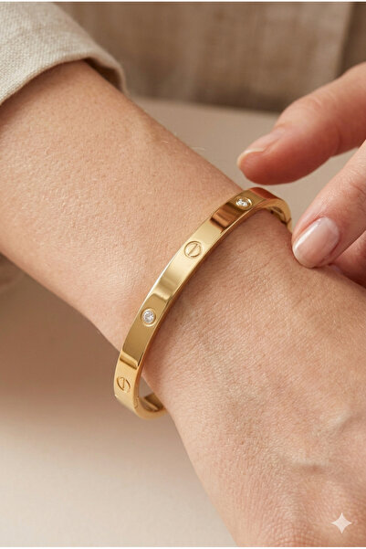 stainless steell gold renk zirkon taşlı kartier kelepçe bileklik