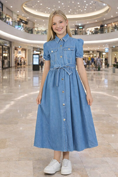 STYLENEST 10–15 Yaş Kız Çocuk Kot Elbise Kuşaklı Düğmeli Günlük Elbise