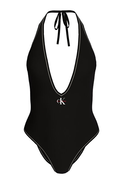 Calvin Klein Women's Black One Piece Halter Neck Tie-Detail Plunge Swimsuit