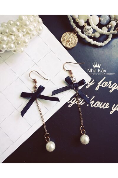 Shiklik Black Ribbon and Pearl Z Chain Detail Gold Color Earrings