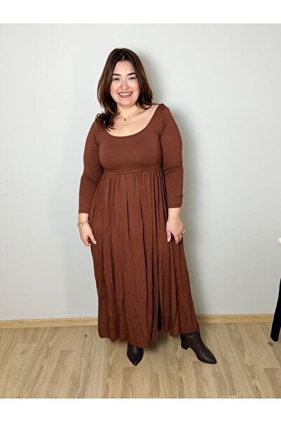 Store Büyükbeden Kahverengi Elbise Rahat Kalıp Oyuk Yaka
