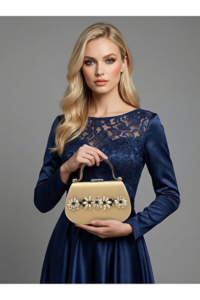 Biçanta Skin Color Glittery Satin Stone Strappy Chain Women's Evening Dress B...