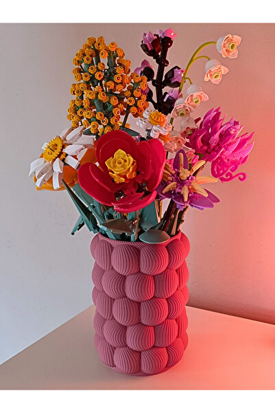 3D Xmino Ahududu Dokulu Dekoratif Çiçek Vazosu (Lego Çiçekleriyle Uyumlu)