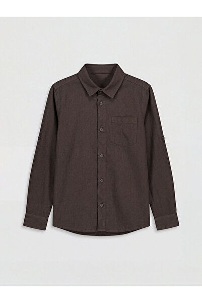 LC Waikiki Καφέ μακρυμάνικο πουκάμισο ποπλίνας για αγόρια από το κατάστημα Gi...