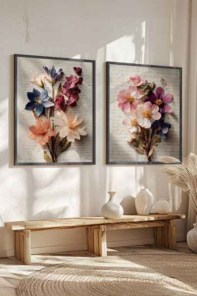 STARYUNA Black Wooden Framed Vintage Floral Double Painting Set Yuna582