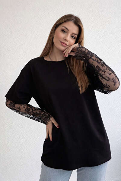 Noa&Noa Tricou cu mânecă lungă dantelă – Tricou Negru Eleganță