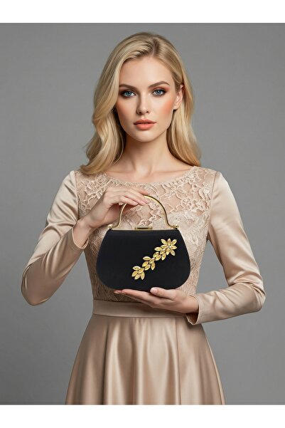 Biçanta Black Color Glittery Satin Gold Detail Stone Strappy Chain Women's Ev...