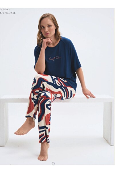 Pijadore Viscose Stretchy Fabric Short Sleeve Women's Pajama Set Navy Blue