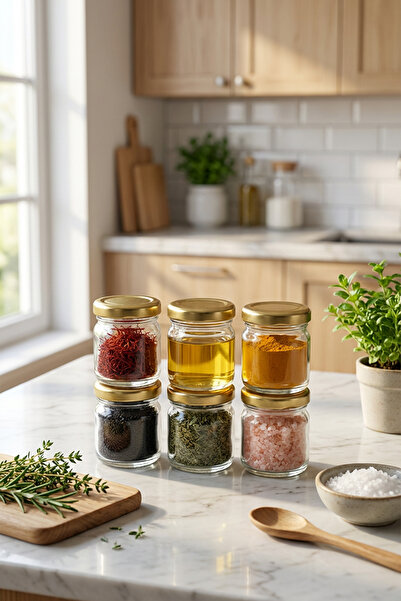 MEST 6-Piece Glass Spice Jar Set with Gold Lids – Glass Jar Spice Set Storage...