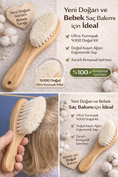 LİNALP Keçi Kılı Bebek Fırçası Doğal Ahşap Yenidoğan Saç Tarağı Konak İçin Yu...